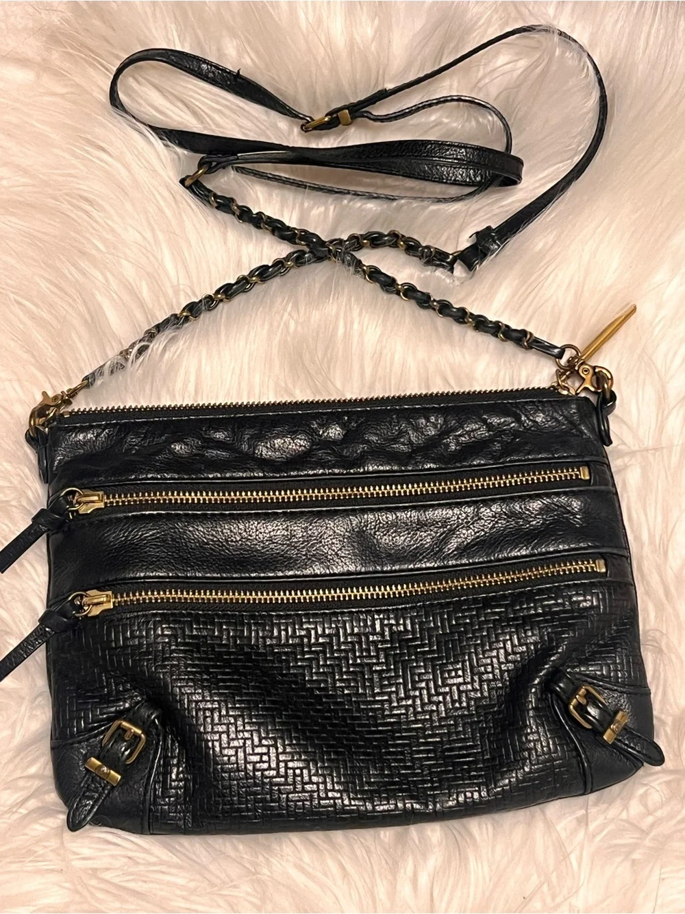 Elliott Lucca  Messina 3-Zip Leather Black Leather  with Gold-Tone crossbody bag